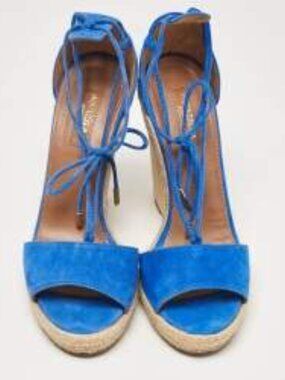 Aquazzura Blue Suede Ankle Tie Wedge Sandals Size 38 1/2